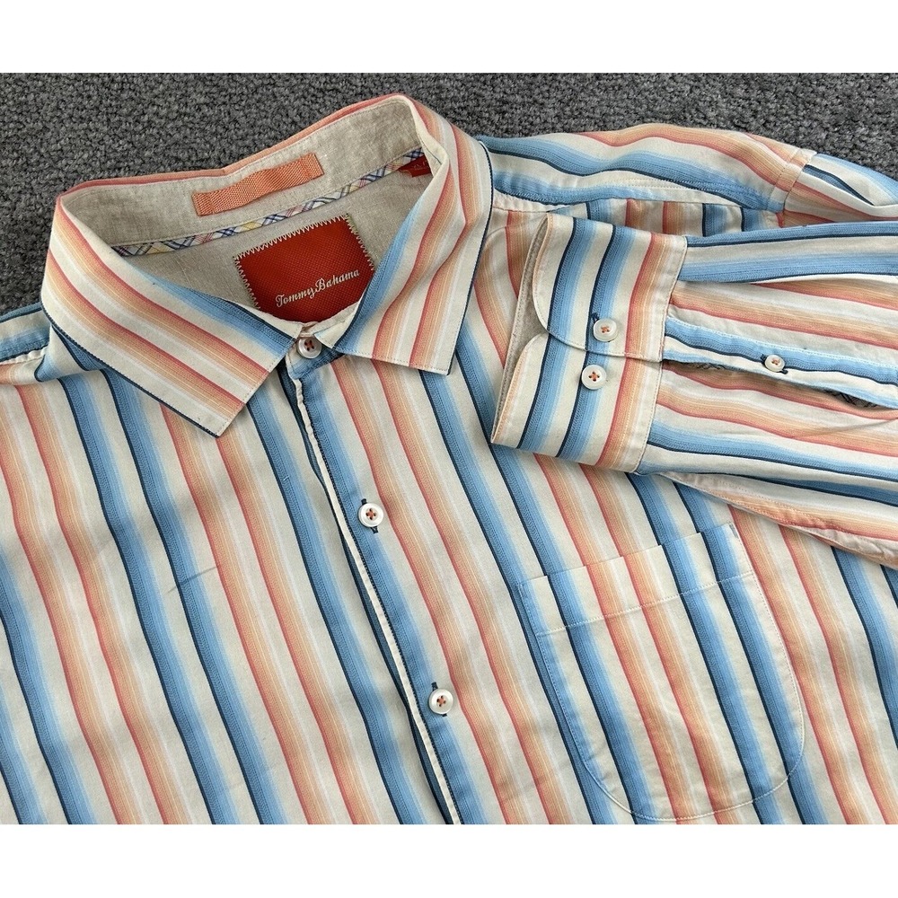 Tommy Bahama Island Modern Fit Striped Cotton Button Down Shirt Mens XL Blue